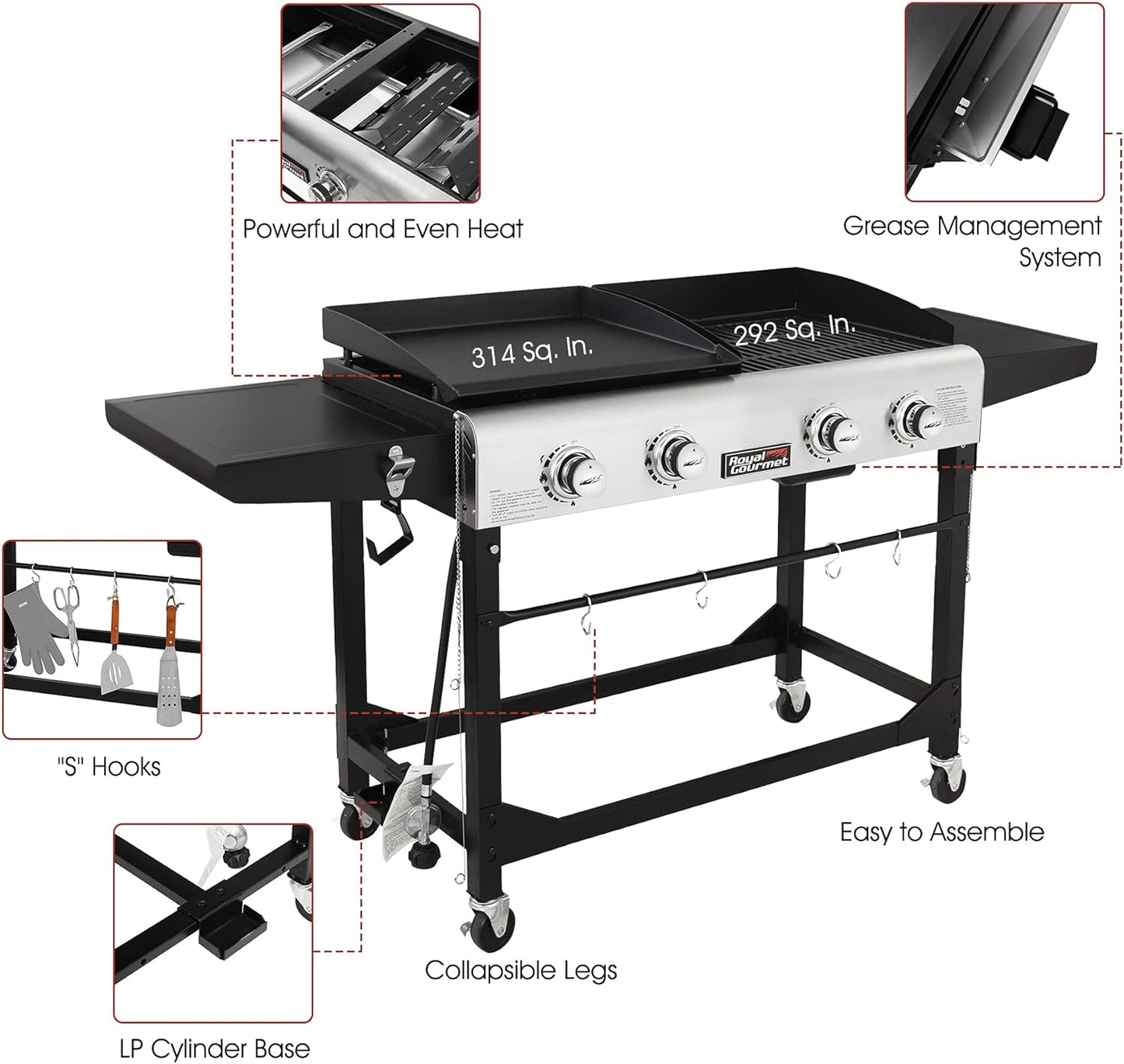 GD401C 4-Burner Gas Grill and Griddle Combo with Cover, 48,000 BTU, Flat Top Propane Grill Griddle Combo with Folding Legs for Outdoor Cooking While Camping or Tailgating, Black & Silver