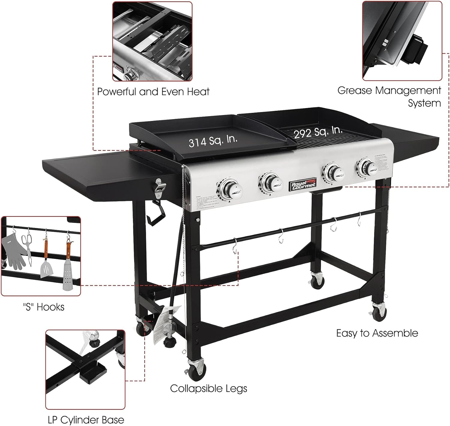 GD401C 4-Burner Gas Grill and Griddle Combo with Cover, 48,000 BTU, Flat Top Propane Grill Griddle Combo with Folding Legs for Outdoor Cooking While Camping or Tailgating, Black & Silver