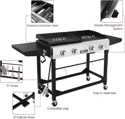 GD401C 4-Burner Gas Grill and Griddle Combo with Cover, 48,000 BTU, Flat Top Propane Grill Griddle Combo with Folding Legs for Outdoor Cooking While Camping or Tailgating, Black & Silver