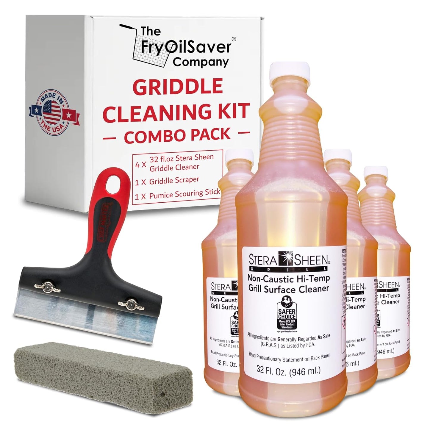 Griddle & Hi-Temp Flat Grill Surface Cleaner Combo Kit, 4-Pack Stera Sheen Griddle Cleaner W/Griddle Scraper & Pumice Stone, Removes Tough Grease, Food-Safe, Griddle & Flat Top Grill Accessories Kit
