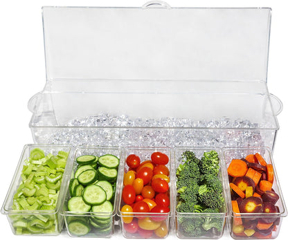 Ice Chilled 5 Compartment Condiment Server Caddy - Serving Tray Container with 5 Removable Dishes with over 2 Cup Capacity Each and Hinged Lid | 3 Serving Spoons + 3 Tongs Included