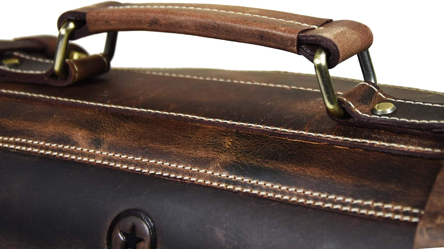 Leather Knife Roll Storage Bag, Elastic and Expandable 10 Pockets, Adjustable/Detachable Shoulder Strap, Travel-Friendly Chef Knife Case (Dark Brown, Leather)