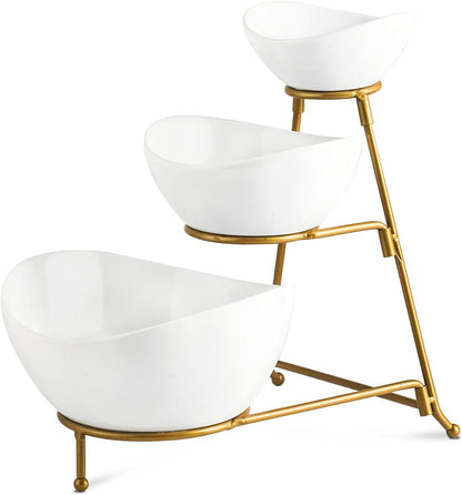 3 Tier Serving Stand Oval Serving Bowl with Metal Rack, Tied Serving Tray Food Display Dessert Appetizer, Serving Bowl Fruit Chip Dip Bowl Set for Parties, Gold