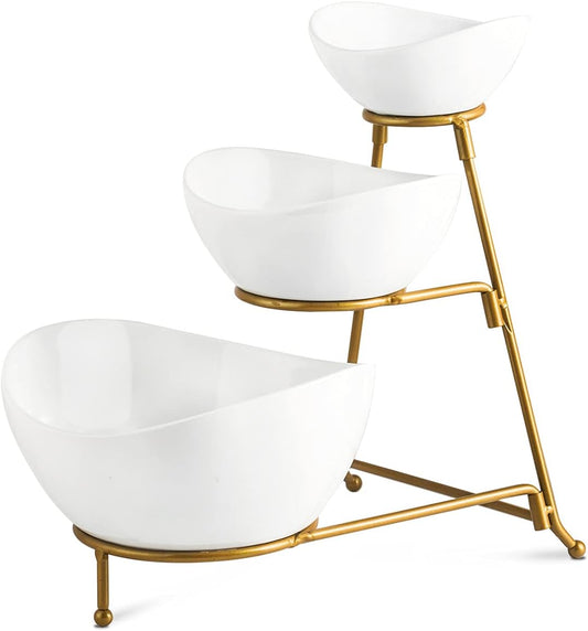 3 Tier Serving Stand Oval Serving Bowl with Metal Rack, Tied Serving Tray Food Display Dessert Appetizer, Serving Bowl Fruit Chip Dip Bowl Set for Parties, Gold