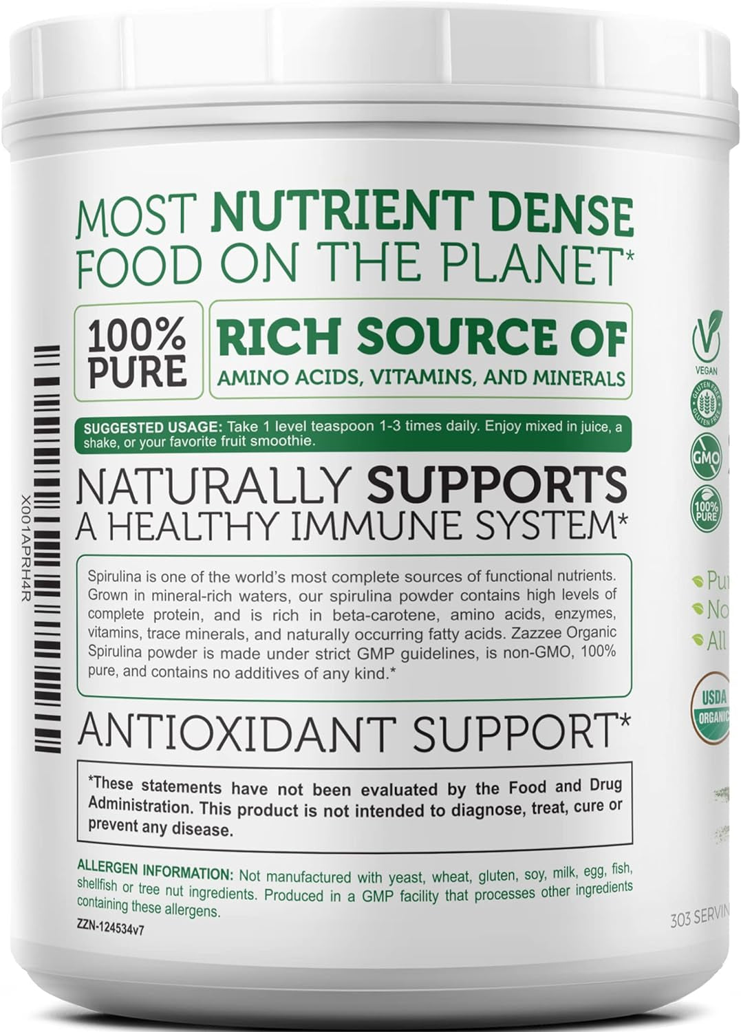 USDA Certified Organic Spirulina Powder, 2.2 Pounds (1 KG), 303 Servings, 100% Pure, Non-Irradiated, Mess-Free Wide Mouth Container, Fresh Smell and Neutral Taste, Vegan, Non-Gmo, Gluten-Free