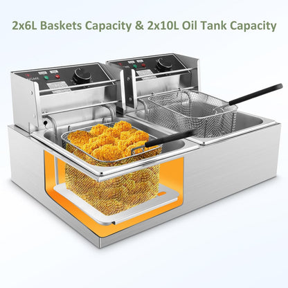 Commercial Deep Fryer - 3400W Electric Deep Fryers with 2X6.35Qt Baskets 0.8Mm Thickened Stainless Steel Countertop Oil Fryer 20.7QT Large Capacity with Temperature Limiter (12L)