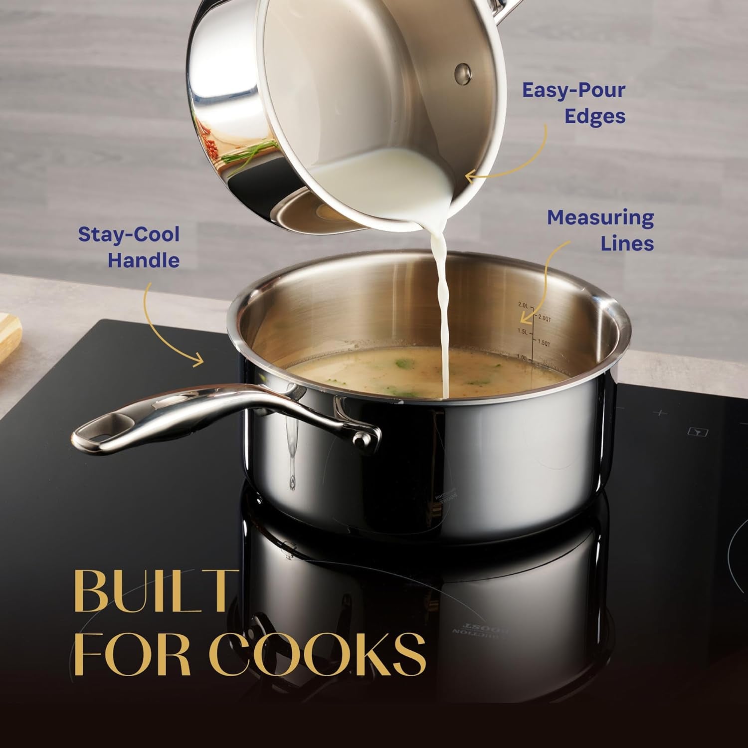 Legend 5 Ply 14 Pc All Stainless Steel Heavy Pots & Pans Set | Professional Quality Cookware 5Ply Clad Home Cooking & Commercial Kitchen Surface Induction Oven Safe | Non-Teflon PFOA, PTFE & PFOS Free