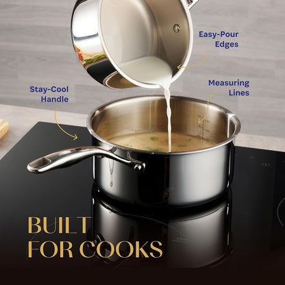 Legend 5 Ply 14 Pc All Stainless Steel Heavy Pots & Pans Set | Professional Quality Cookware 5Ply Clad Home Cooking & Commercial Kitchen Surface Induction Oven Safe | Non-Teflon PFOA, PTFE & PFOS Free