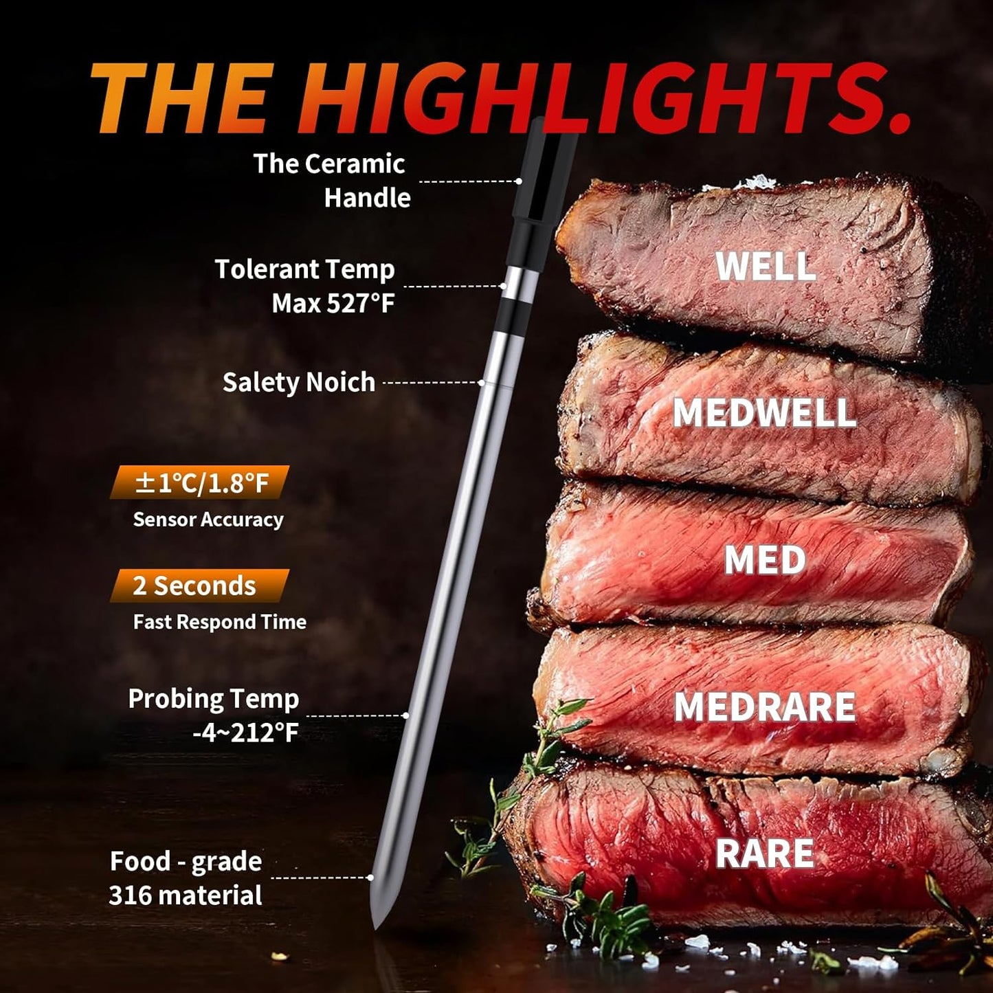 Wireless Meat Thermometer Digital, 800FT Long Range Bluetooth Cooking Thermometer, Food Thermometer for Remote Monitoring of Grill, Oven, Smoker, Air Fryer, Rotisserie, Ios & Android App