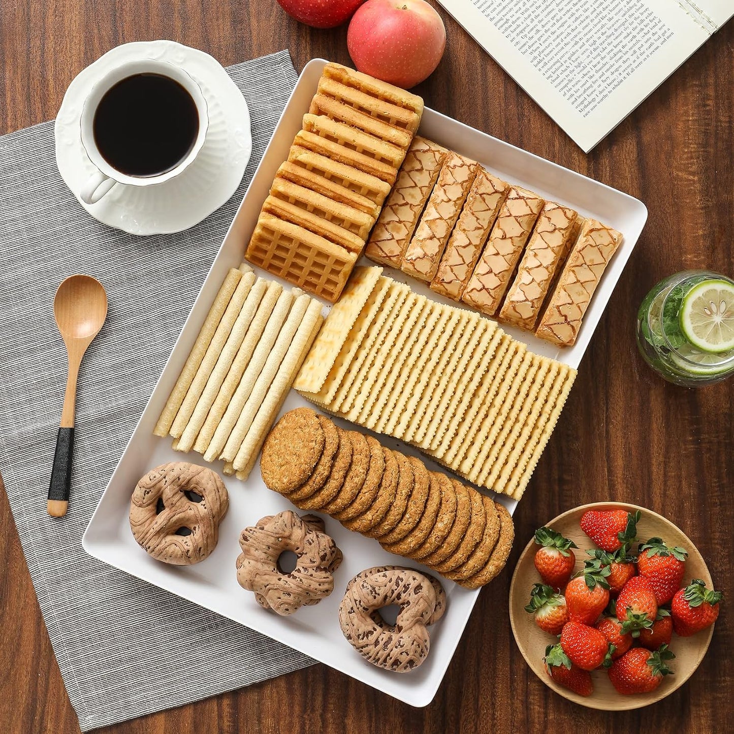 4-Pack 16" X 11" Large White Serving Trays Set - Reusable Plastic Serving Platters for Cookie, Appetizer, Charcuterie, Snack, Dessert, Party Food Display - Stackable Kitchen Countertop Tray, BPA Free