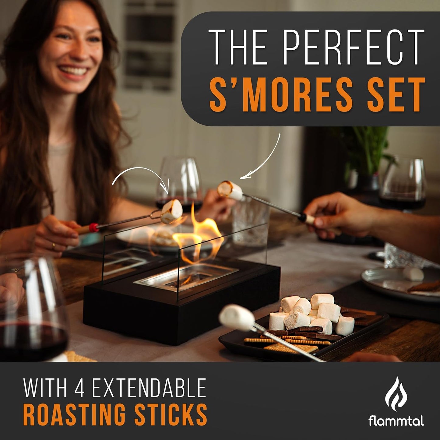 Tabletop Fire Pit [3H Burning Time] - Table Top Firepit Indoor & Outdoor - Smores Maker with 4 Roasting Sticks - Portable Fire Pit with Adjustable Flames - Ethanol Table Top Fire Pit Bowl