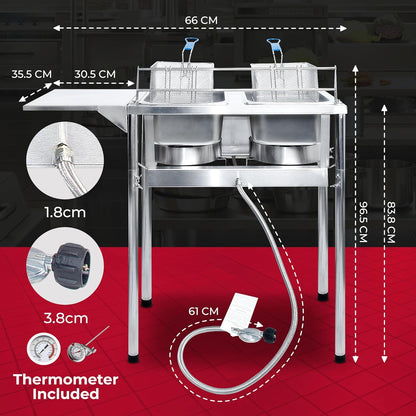 Two Tank Outdoor Deep Fryer with Thermometer | Propane Deep Fryer with 2 Stainless Steel Basket & Lid Covers | Large Oil Tank Capacity with Regulating Knobs