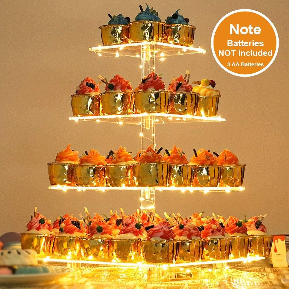 4 Tier Cupcake Stand Acrylic Tower Display with LED Light Premium Holder Dessert Tree Tower for Birthday Cady Bar Décor Weddings, Parties Events (Yellow Light)