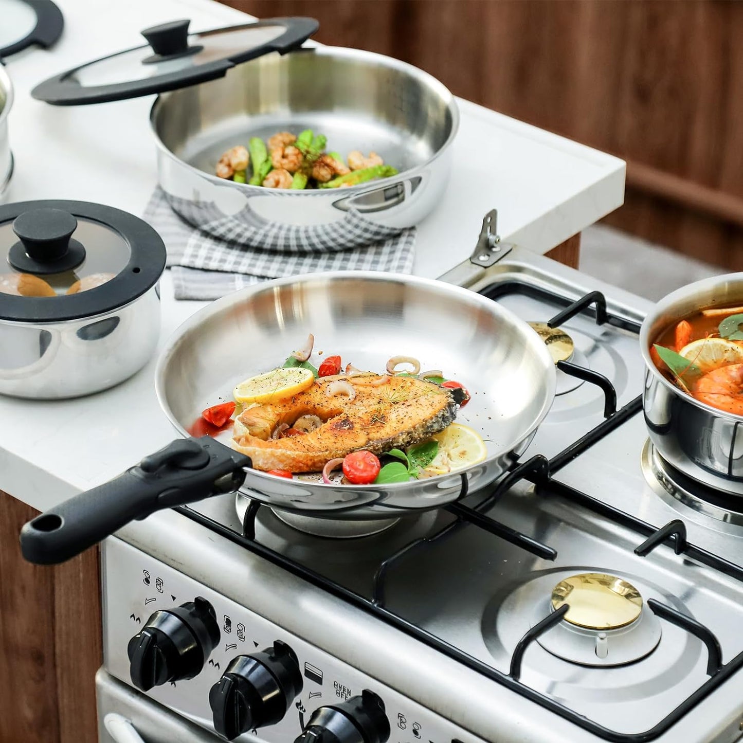 ROYDX Pots and Pans Set, 20 Piece Stainless Steel Kitchen Removable Handle Cookware Set, Frying Saucepans with Lid, Stay-Cool Handles for All Stoves, Dishwasher and Oven Safe, Camping