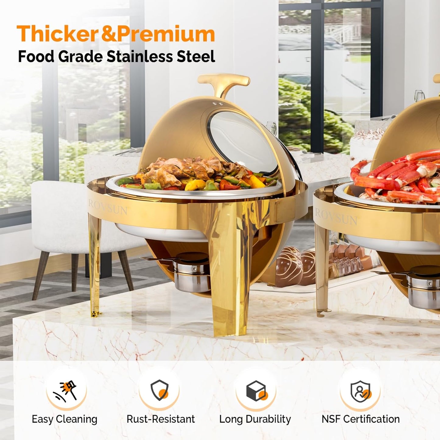 6 QT 3 Pack round Chafing Dish Buffet Set, Roll Top NSF Stainless Steel Buffet Warmer Chafers and Buffet Warmers Sets with Thick Frame for Catering Events Parties Weddings Dinners,Gold