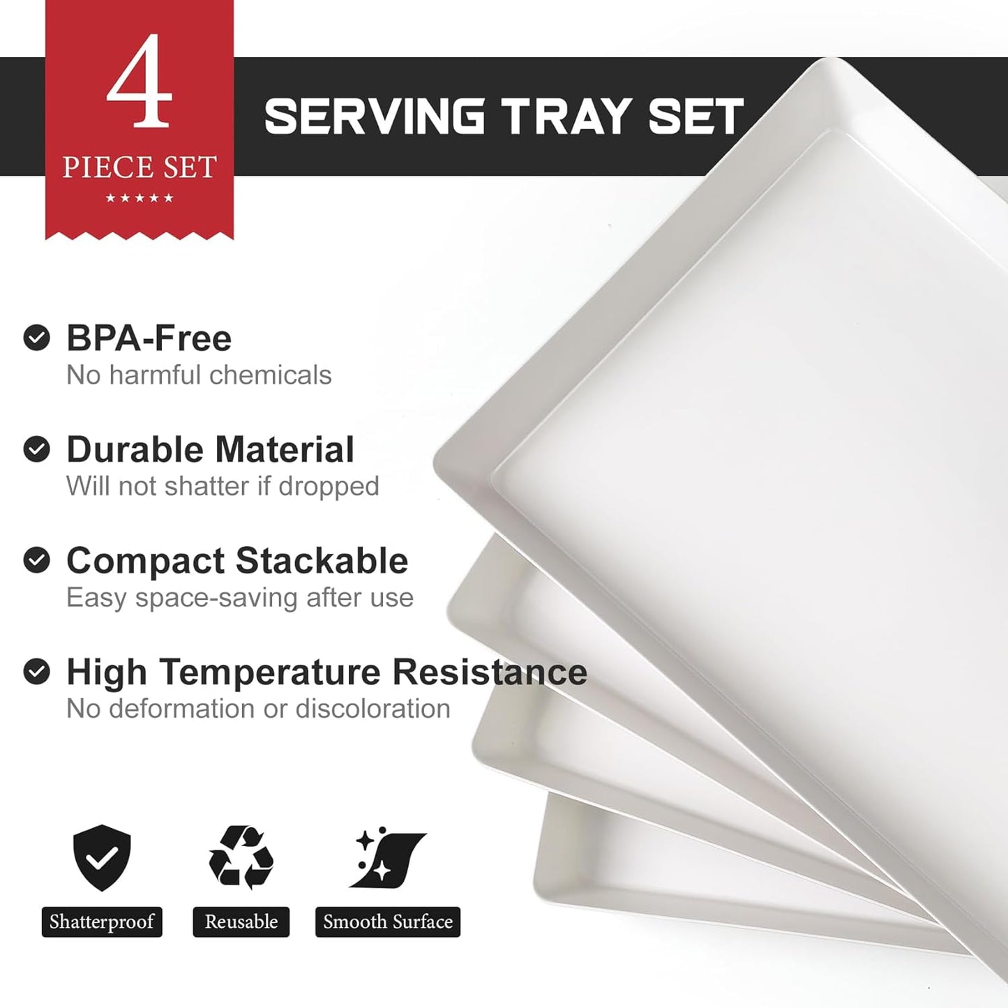 4-Pack 16" X 11" Large White Serving Trays Set - Reusable Plastic Serving Platters for Cookie, Appetizer, Charcuterie, Snack, Dessert, Party Food Display - Stackable Kitchen Countertop Tray, BPA Free