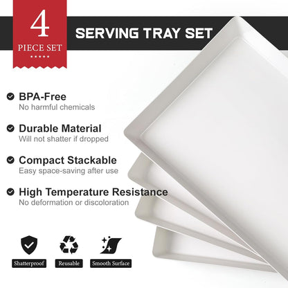 4-Pack 16" X 11" Large White Serving Trays Set - Reusable Plastic Serving Platters for Cookie, Appetizer, Charcuterie, Snack, Dessert, Party Food Display - Stackable Kitchen Countertop Tray, BPA Free