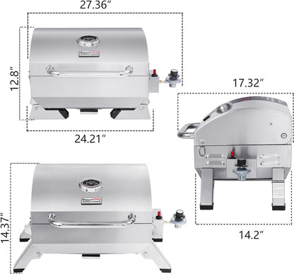 GT1001 Stainless Steel Portable Grill, 10000 BTU BBQ Tabletop Gas Grill with Folding Legs and Lockable Lid, Outdoor Camping, Deck and Tailgating, Silver