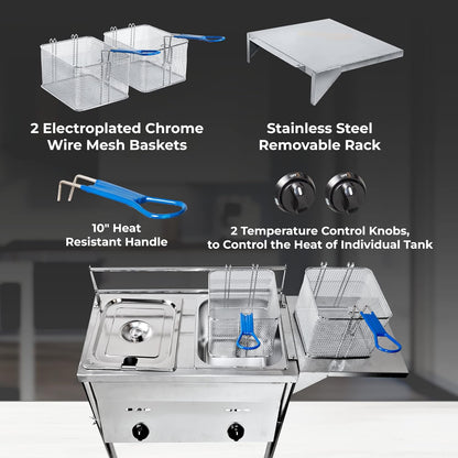 Two Tank Outdoor Deep Fryer with Thermometer | Propane Deep Fryer with 2 Stainless Steel Basket & Lid Covers | Large Oil Tank Capacity with Regulating Knobs