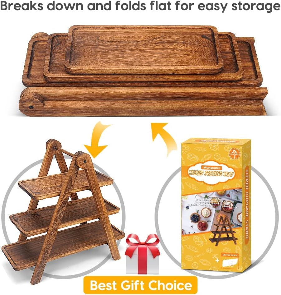 Wood 3 Tier Serving Tray Three Tiered Cupcake Stand, Rectangle Serving Platter Wooden Farmhouse, Party Serving Brown Decorative Tray Decor
