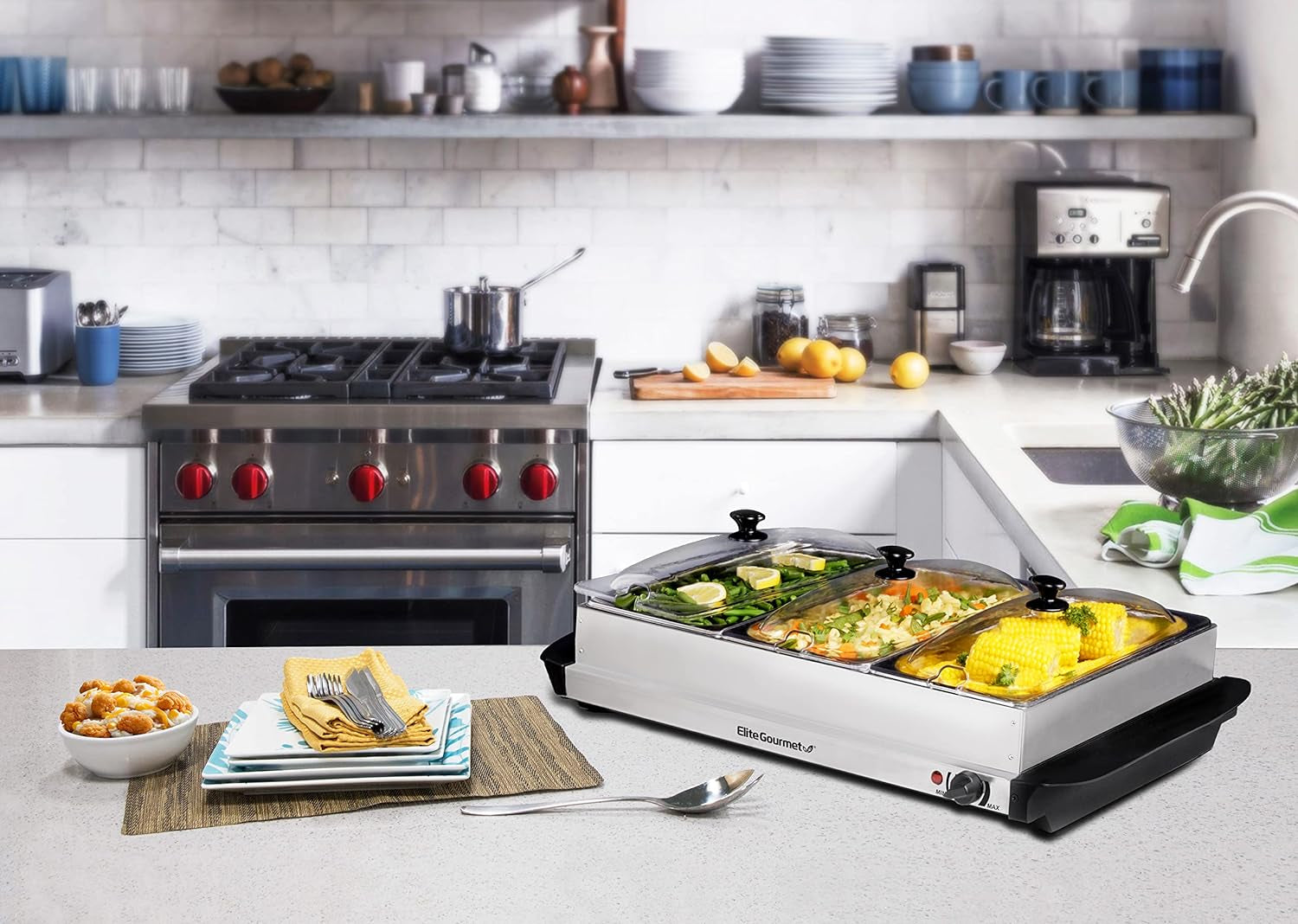 EWM-6171 Triple 3 X 2.5 Qt. Trays, Buffet Server, Food Warmer Temperature Control, Clear Slotted Lids, Perfect for Parties, Entertaining & Holidays, 7.5 Qt Total, Stainless Steel