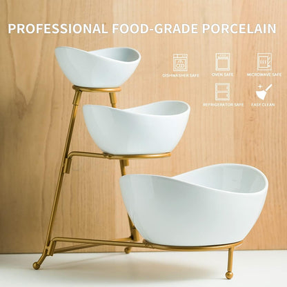 3 Tier Serving Stand Oval Serving Bowl with Metal Rack, Tied Serving Tray Food Display Dessert Appetizer, Serving Bowl Fruit Chip Dip Bowl Set for Parties, Gold