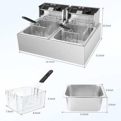 Commercial Deep Fryer - 3400W Electric Deep Fryers with 2X6.35Qt Baskets 0.8Mm Thickened Stainless Steel Countertop Oil Fryer 20.7QT Large Capacity with Temperature Limiter (12L)