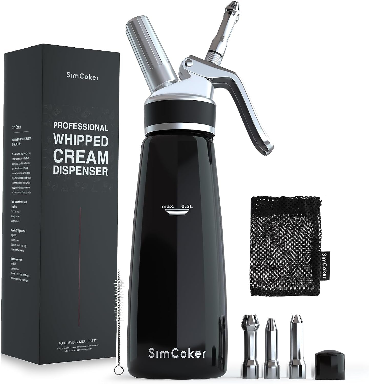 Whipped Cream Dispenser, Aluminum Cream Whipper 500Ml/1 Pint,3 Stainless Culinary Decorating Nozzles, 1 Brush, 1 Storage Bag, Homemade Cream Maker, N2O Chargers Not Included