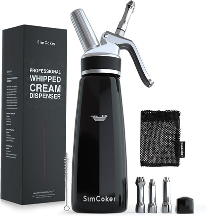 Whipped Cream Dispenser, Aluminum Cream Whipper 500Ml/1 Pint,3 Stainless Culinary Decorating Nozzles, 1 Brush, 1 Storage Bag, Homemade Cream Maker, N2O Chargers Not Included