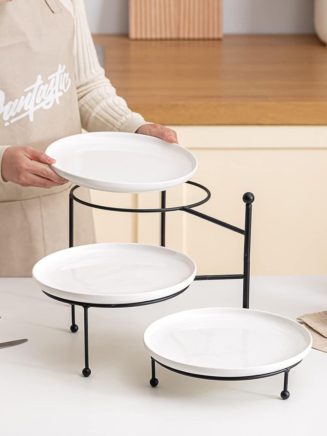 3 Tiered Serving Stand with White Porcelain Plates, Tiered Tray Stand, 10" X 10" Tier Serving Trays with Black Metal Stand for Entertaining, 3 Tier Dessert Stand