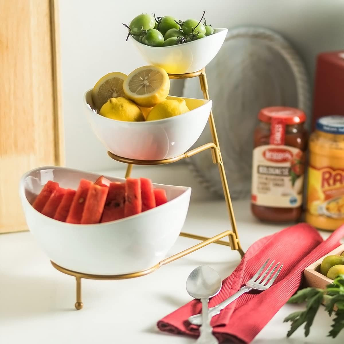 3 Tier Serving Stand Oval Serving Bowl with Metal Rack, Tied Serving Tray Food Display Dessert Appetizer, Serving Bowl Fruit Chip Dip Bowl Set for Parties, Gold
