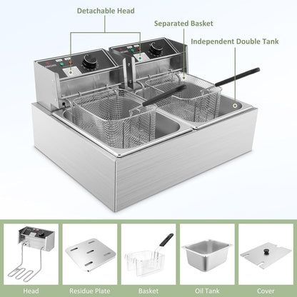 Commercial Deep Fryer - 3400W Electric Deep Fryers with 2X6.35Qt Baskets 0.8Mm Thickened Stainless Steel Countertop Oil Fryer 20.7QT Large Capacity with Temperature Limiter (12L)