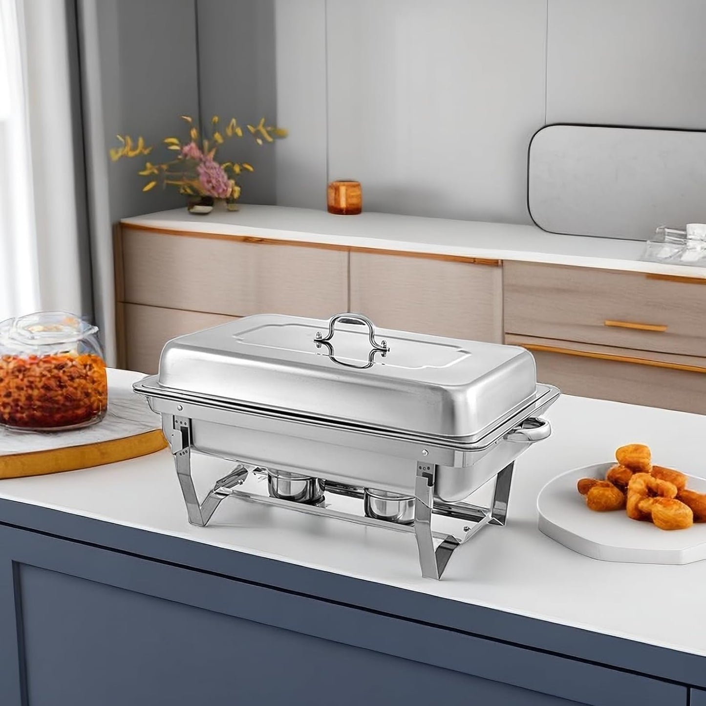 Chafing Dish Buffet Set - 4 Pack, 8 Quart Stainless Steel Chafer Buffet Servers and Warmers Set with Folding Frame for Weddings, Parties, Banquets, and Catering Events