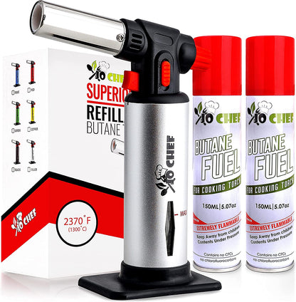 Kitchen Torch with Butane Included, Refillable Torch, Creme Brulee Blow Lighter Gun Safety Lock & Adjustable Flame, Culinary Cooking for Food, 2 Cans Included