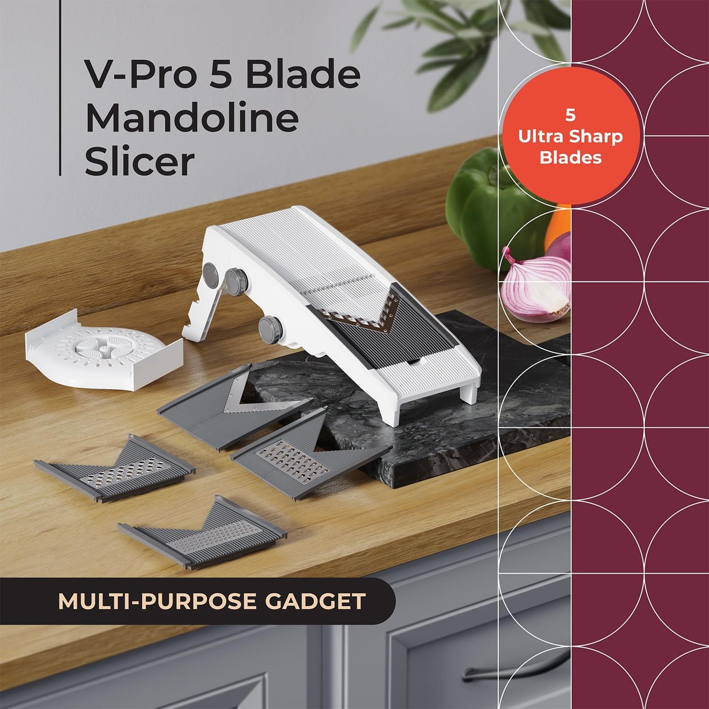 living Mandoline Slicer for Kitchen, Adjustable Vegetable Chopper, Fruit, Cheese Grater, Potato Chips Slicer - White