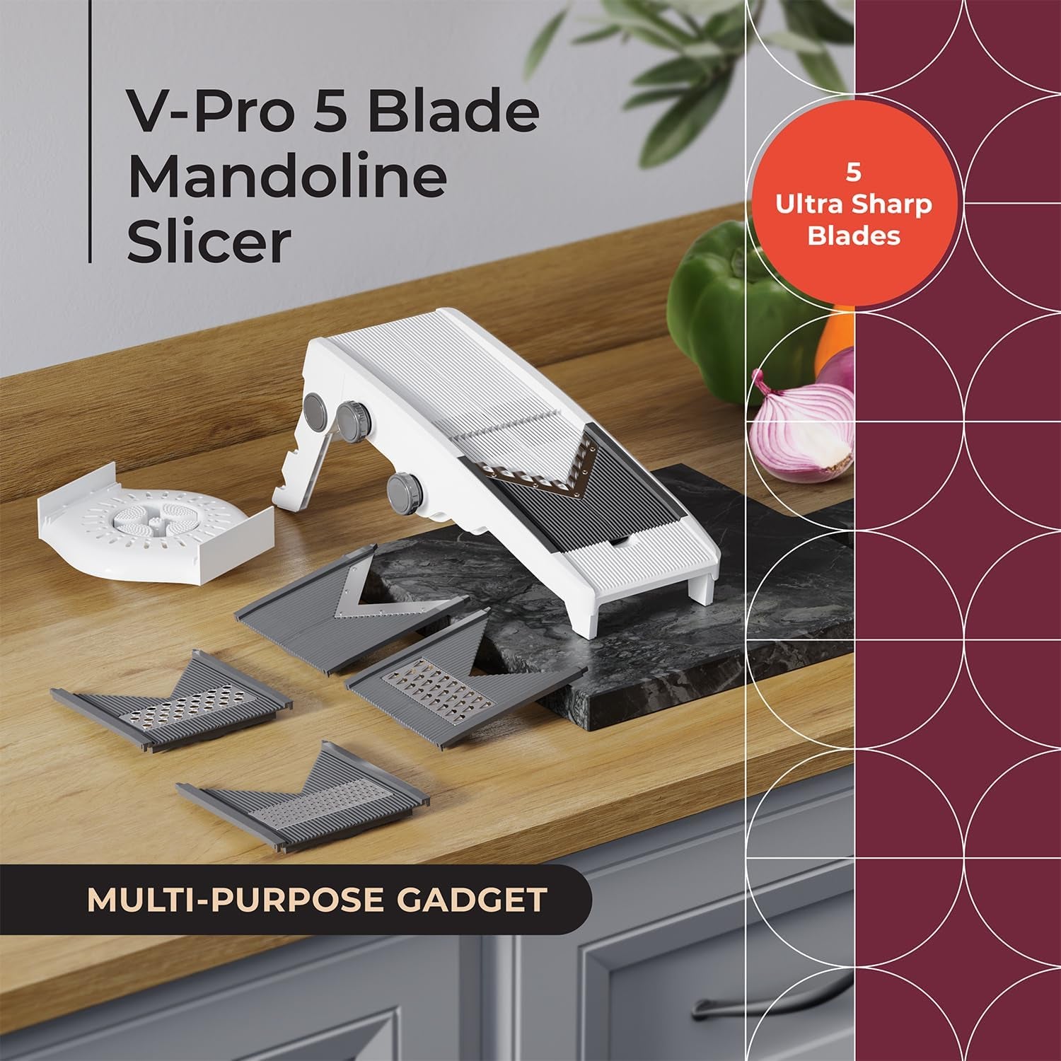 living Mandoline Slicer for Kitchen, Adjustable Vegetable Chopper, Fruit, Cheese Grater, Potato Chips Slicer - White