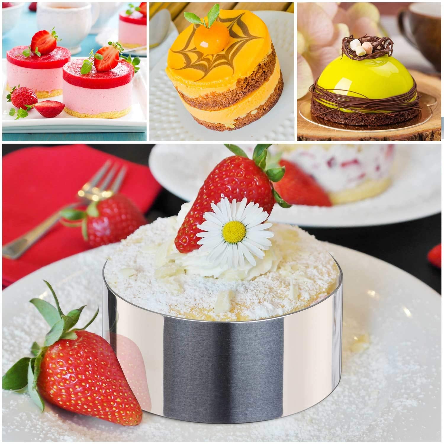 round Cake Ring Mold, Stainless Steel 3 Inch Dessert Mousse Molds with Pusher & Lifter Cooking Rings, Tuna Tartare Mold (Include 4 Rings and 1 Pusher)
