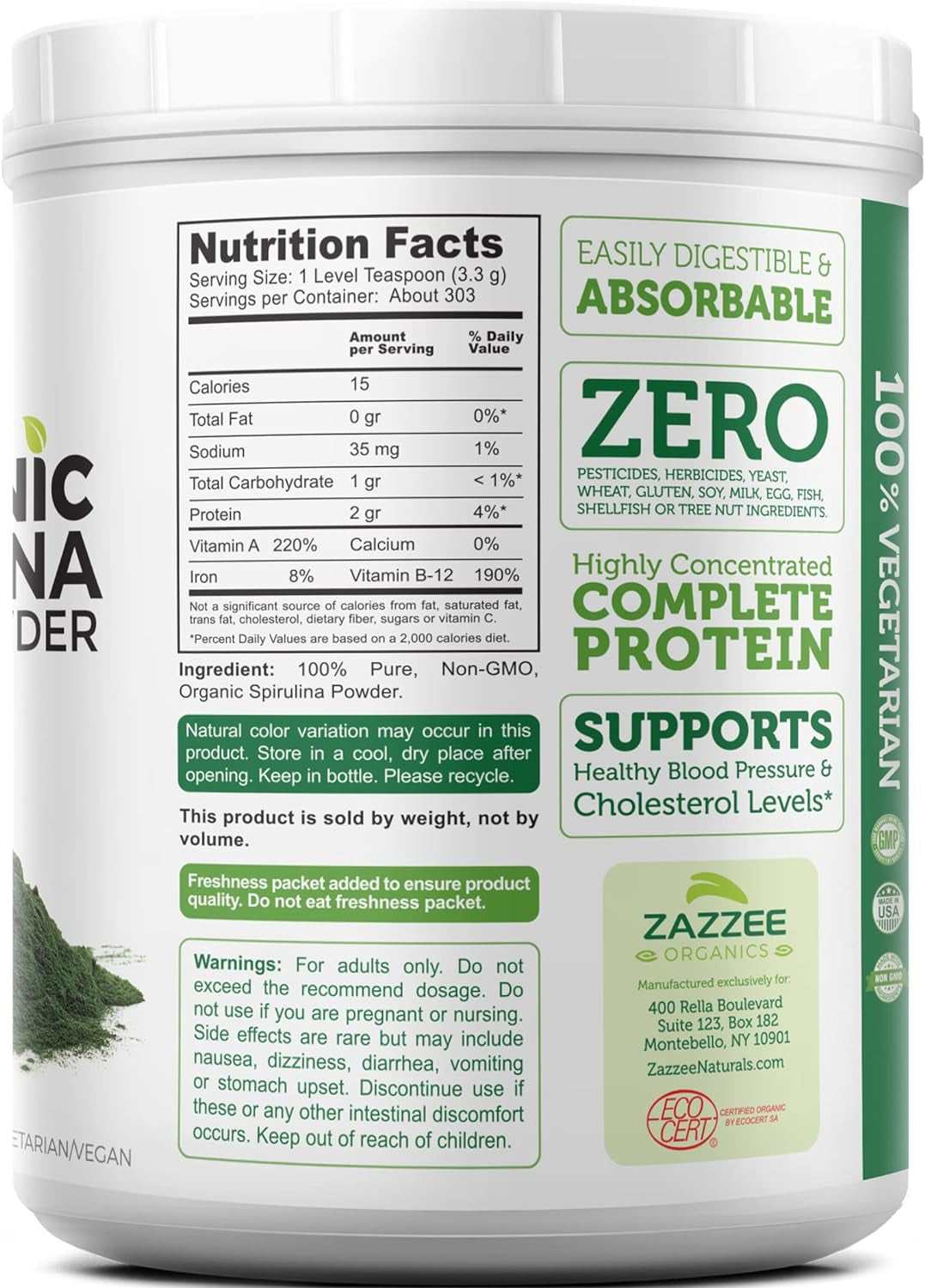 USDA Certified Organic Spirulina Powder, 2.2 Pounds (1 KG), 303 Servings, 100% Pure, Non-Irradiated, Mess-Free Wide Mouth Container, Fresh Smell and Neutral Taste, Vegan, Non-Gmo, Gluten-Free