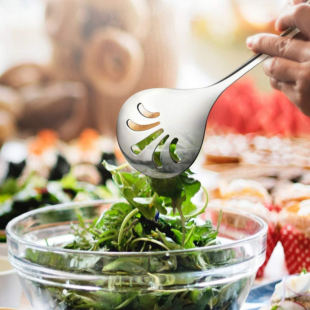 Stainless Steel Metal Serving Utensils - Large Set of 9-10" Serving Spoons, 10" Slotted Spoons, and 9" Serving Tongs by  (Silver)