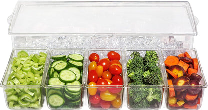 Ice Chilled 5 Compartment Condiment Server Caddy - Serving Tray Container with 5 Removable Dishes with over 2 Cup Capacity Each and Hinged Lid | 3 Serving Spoons + 3 Tongs Included
