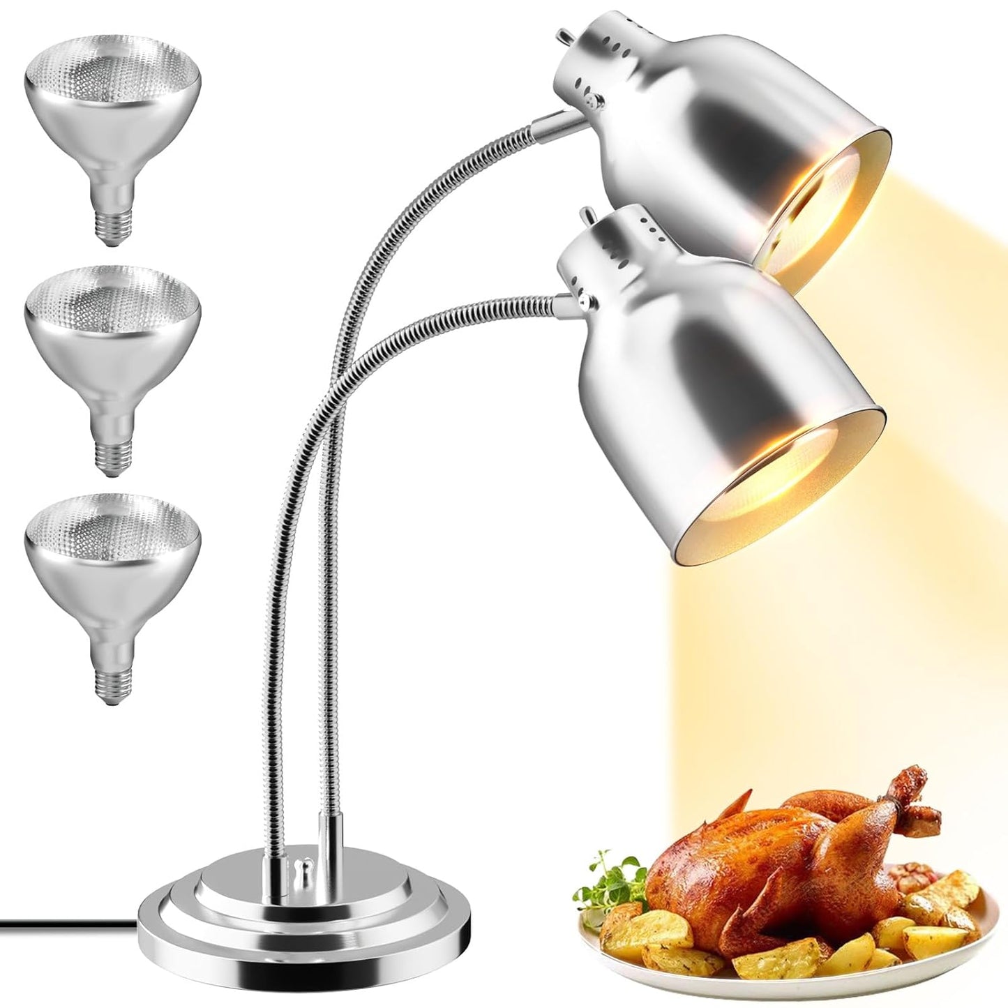 Food Heat Lamp, Commercial Food Warmer, 2-Head Food Warming Light, 500W Portable Electric Heating Lamp, Stainless Steel Catering Food Warming Lamp for Restaurant Kitchen Cafeteria
