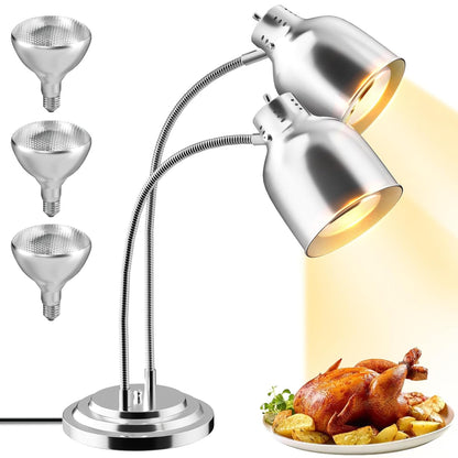 Food Heat Lamp, Commercial Food Warmer, 2-Head Food Warming Light, 500W Portable Electric Heating Lamp, Stainless Steel Catering Food Warming Lamp for Restaurant Kitchen Cafeteria