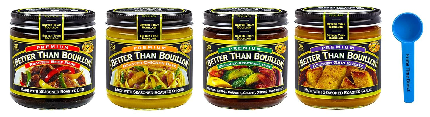 Variety Pack: Roasted Beef, Roasted Chicken, Seasoned Vegetable, Roasted Garlic Bases 8Oz (1 Each, 4 Pack) Bundle with Primetime Direct Teaspoon Scoop with BTB Authenticity Seal in a Box