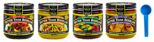 Variety Pack: Roasted Beef, Roasted Chicken, Seasoned Vegetable, Roasted Garlic Bases 8Oz (1 Each, 4 Pack) Bundle with Primetime Direct Teaspoon Scoop with BTB Authenticity Seal in a Box