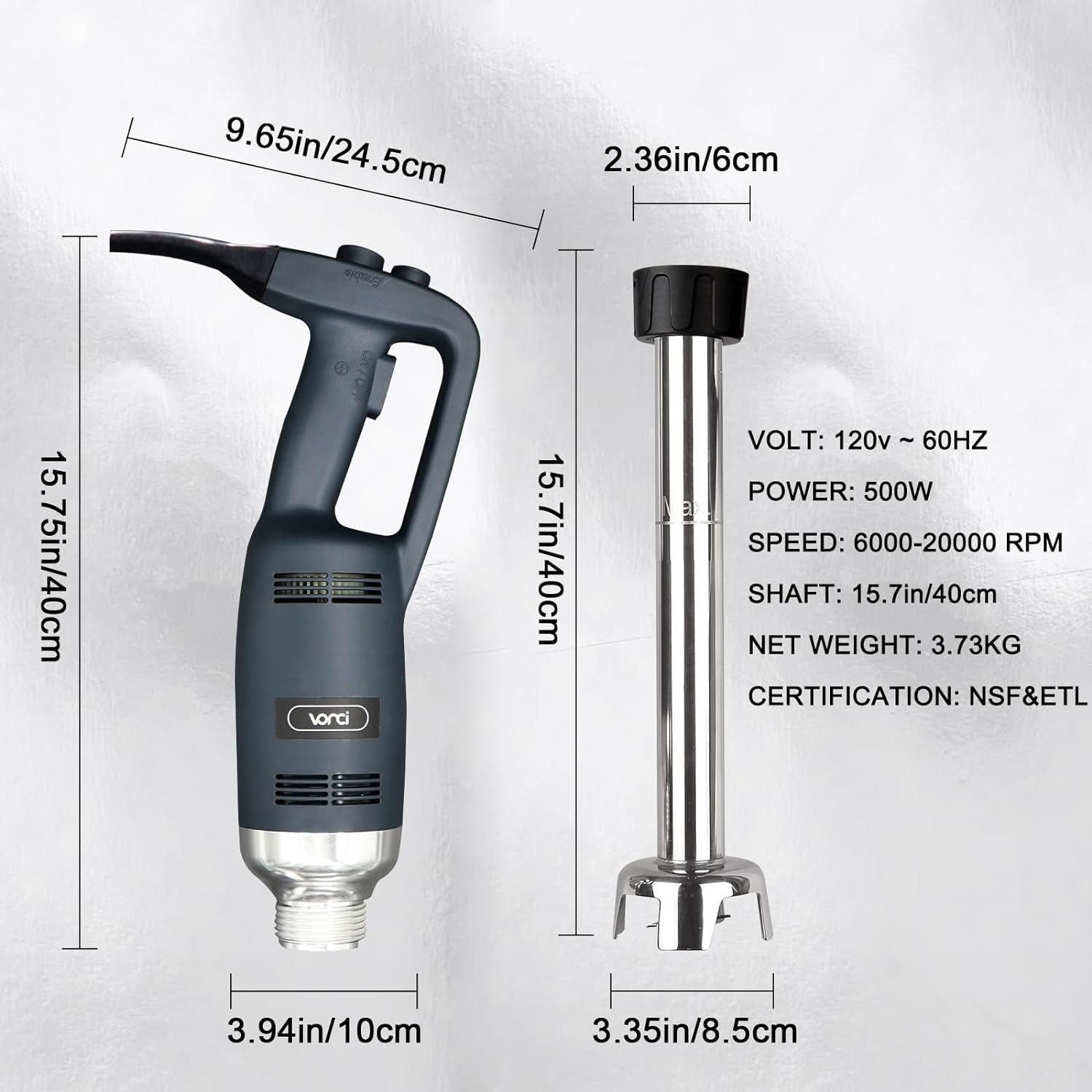 500W Commercial Immersion Blender, 15.7" SUS 304 Removable Shaft, Heavy Duty Power Hand Mixer with Variable Speed 6000-20000RPM, Professional Electric Stick Blender for Restaurant Kitchen Use.