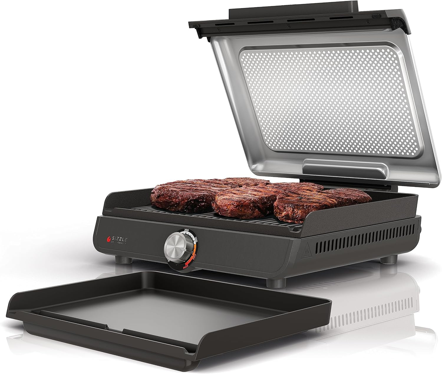 GR101 Sizzle Smokeless Indoor Grill & Griddle, 14'' Interchangeable Nonstick Plates, Dishwasher-Safe Removable Mesh Lid, 500F Max Heat, Even Edge-To-Edge Cooking, Grey/Silver