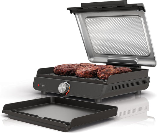 GR101 Sizzle Smokeless Indoor Grill & Griddle, 14'' Interchangeable Nonstick Plates, Dishwasher-Safe Removable Mesh Lid, 500F Max Heat, Even Edge-To-Edge Cooking, Grey/Silver