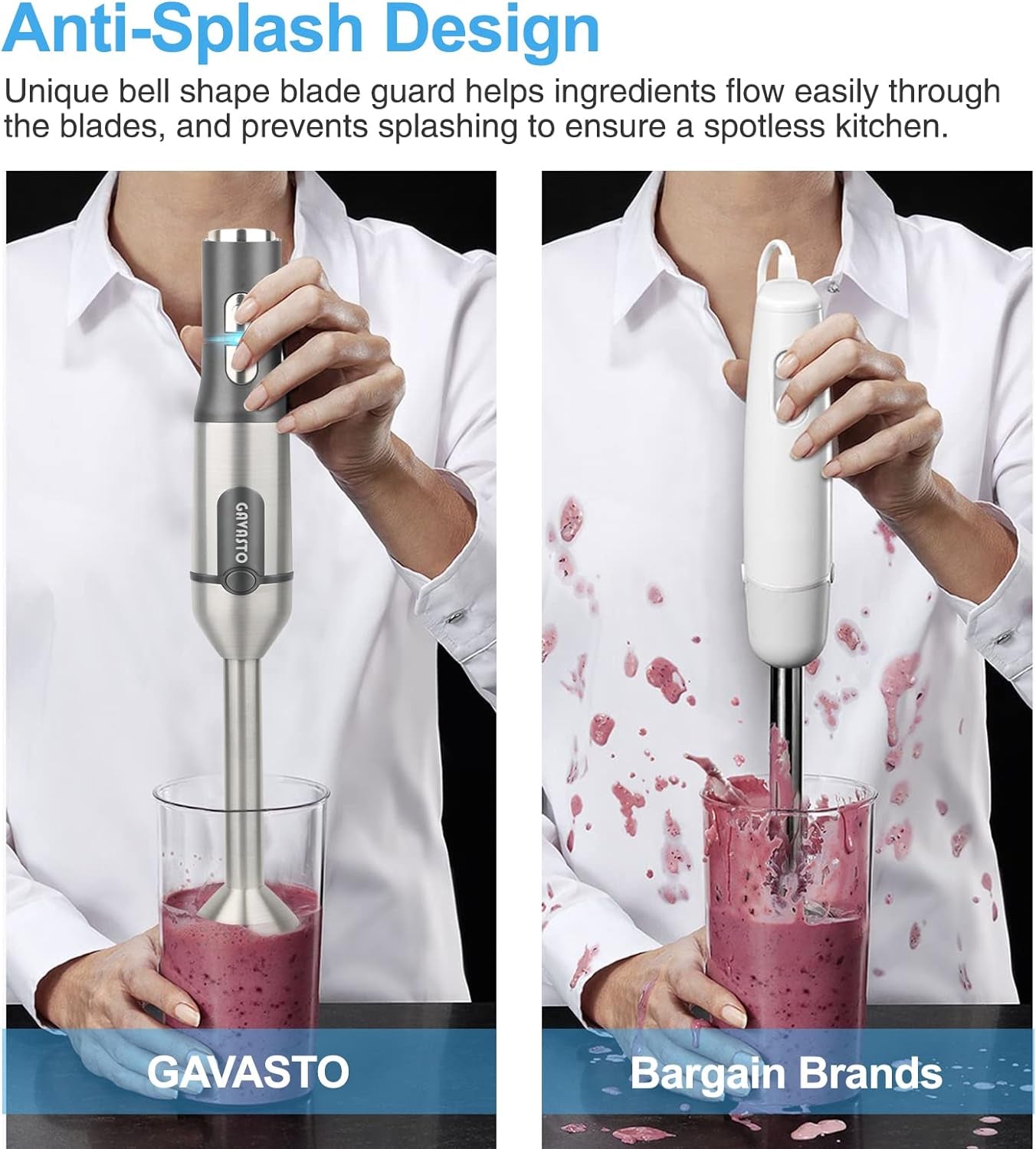 Immersion Blender 800 Watts Scratch Resistant Hand Blender,15 Speed and Turbo Mode Hand Mixer, Heavy Duty Copper Motor Stainless Steel Smart Stick with Egg Beaters and Chopper/Food Processor
