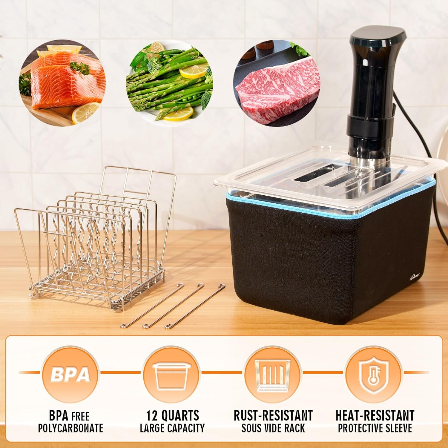 Container 12 Quart with Lid & Rack and Sleeve - BPA Free Complete Sous Vide Accessories Kit with Cookbook for Anova and Most Sous Vide Cookers