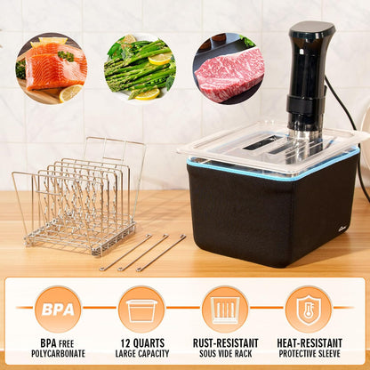 Container 12 Quart with Lid & Rack and Sleeve - BPA Free Complete Sous Vide Accessories Kit with Cookbook for Anova and Most Sous Vide Cookers